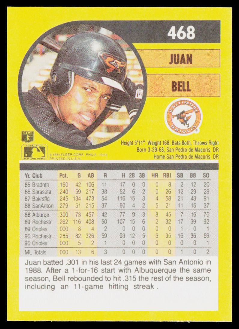 Juan Bell 1991 Fleer #468a Baltimore Orioles