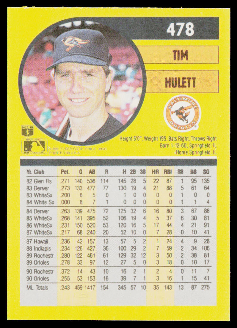 Tim Hulett 1991 Fleer #478 Baltimore Orioles