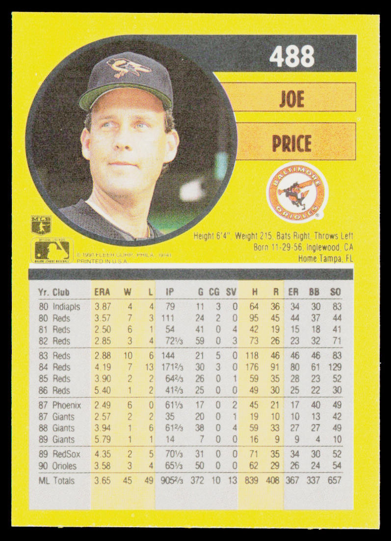Joe Price 1991 Fleer #488b Baltimore Orioles