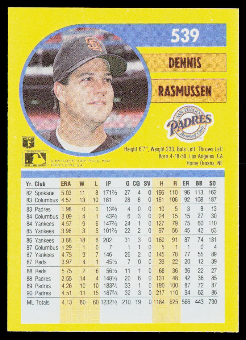 Dennis Rasmussen 1991 Fleer #539 San Diego Padres