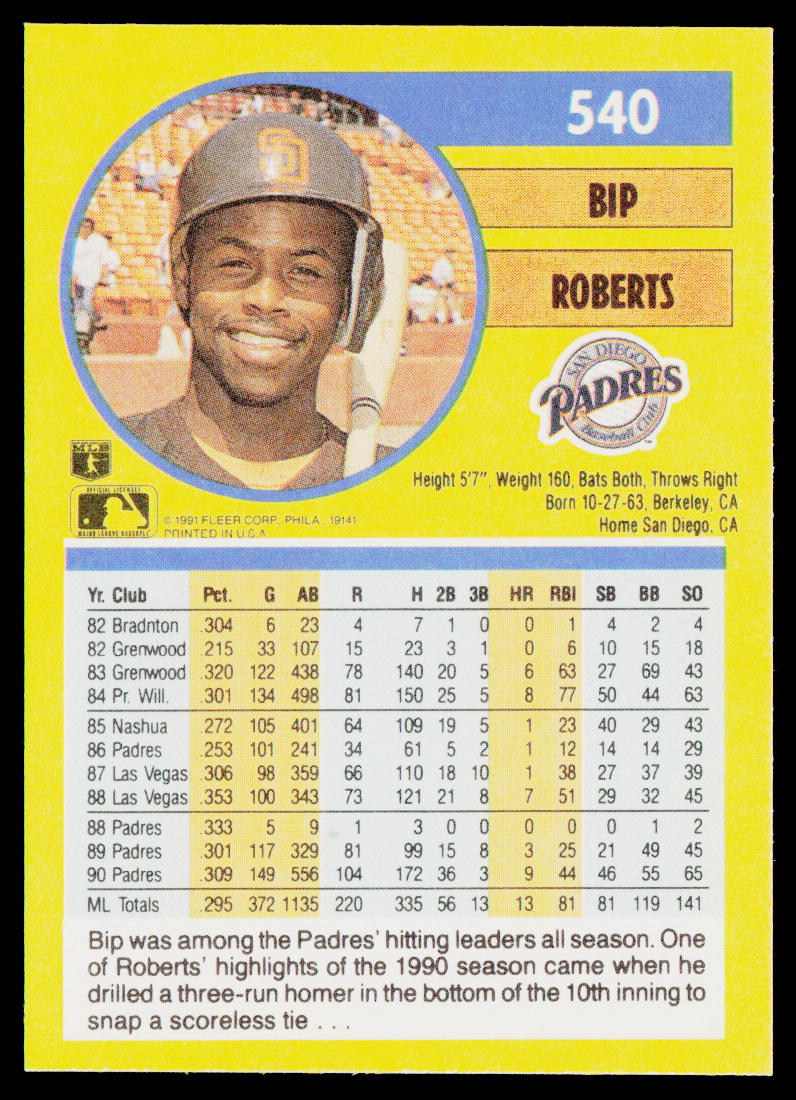 Bip Roberts 1991 Fleer #540a San Diego Padres