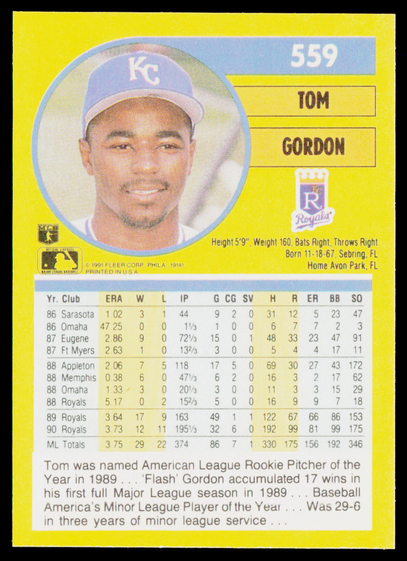 Tom Gordon 1991 Fleer #559a Kansas City Royals