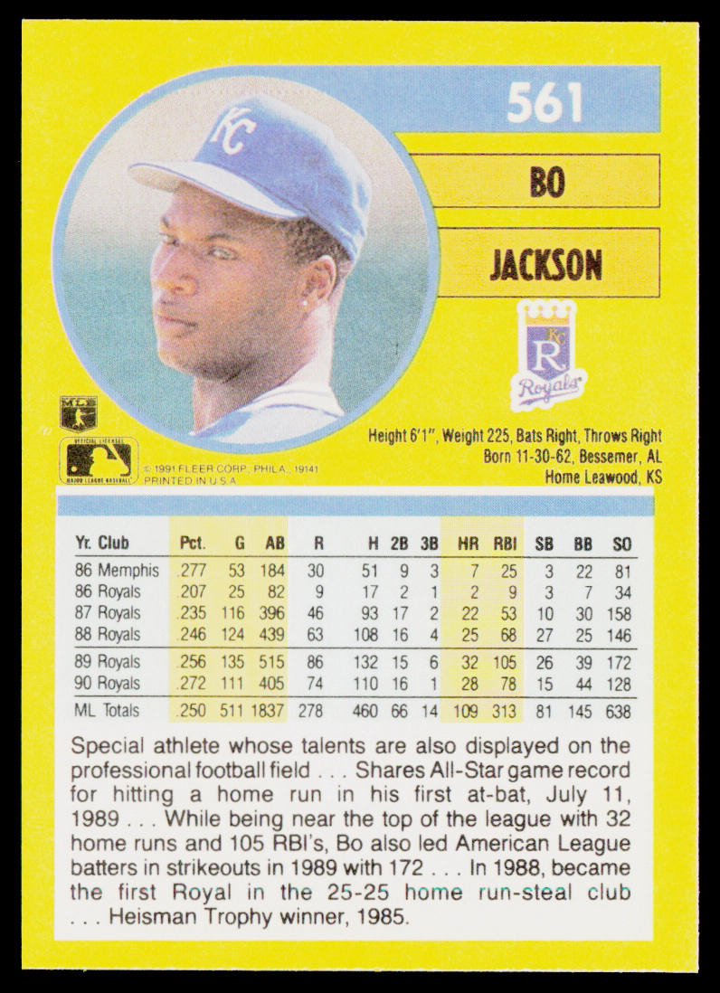 Bo Jackson 1991 Fleer #561b Kansas City Royals