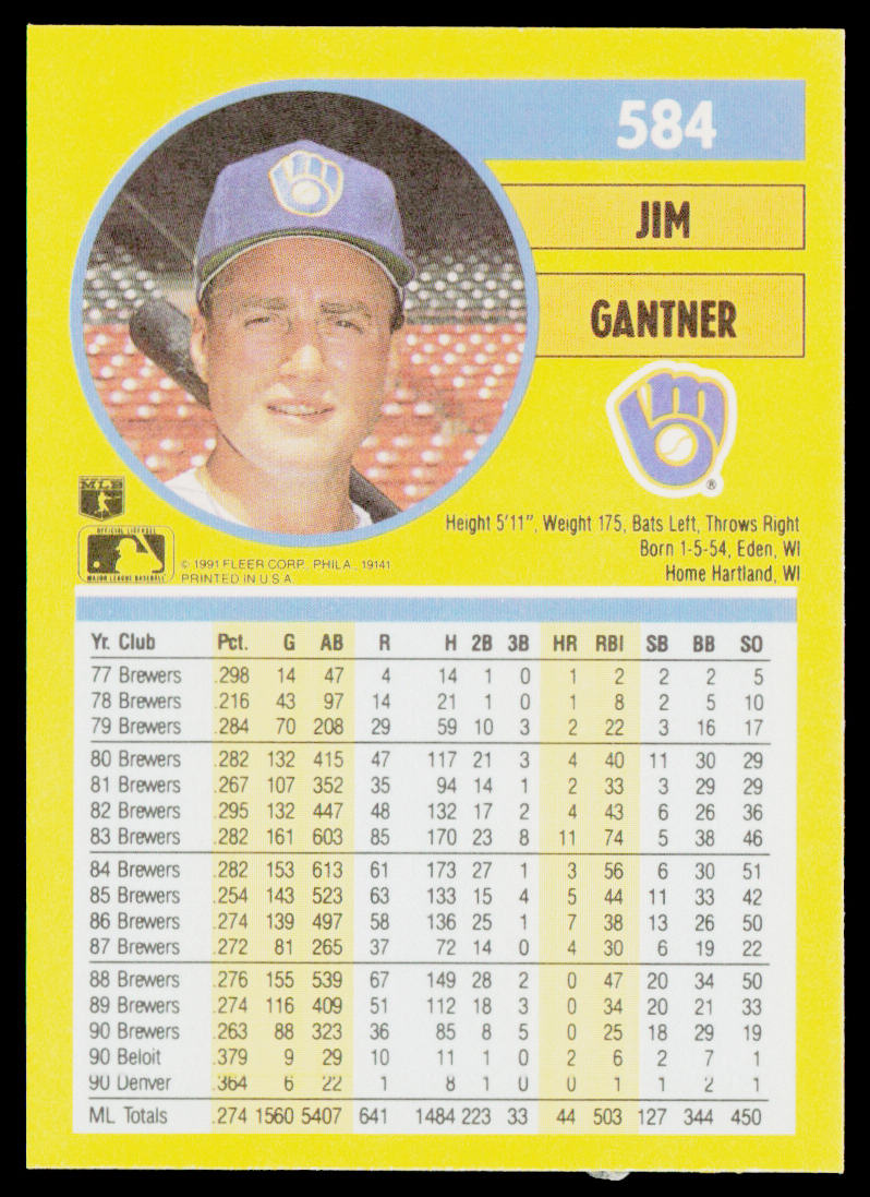Jim Gantner 1991 Fleer #584 Milwaukee Brewers