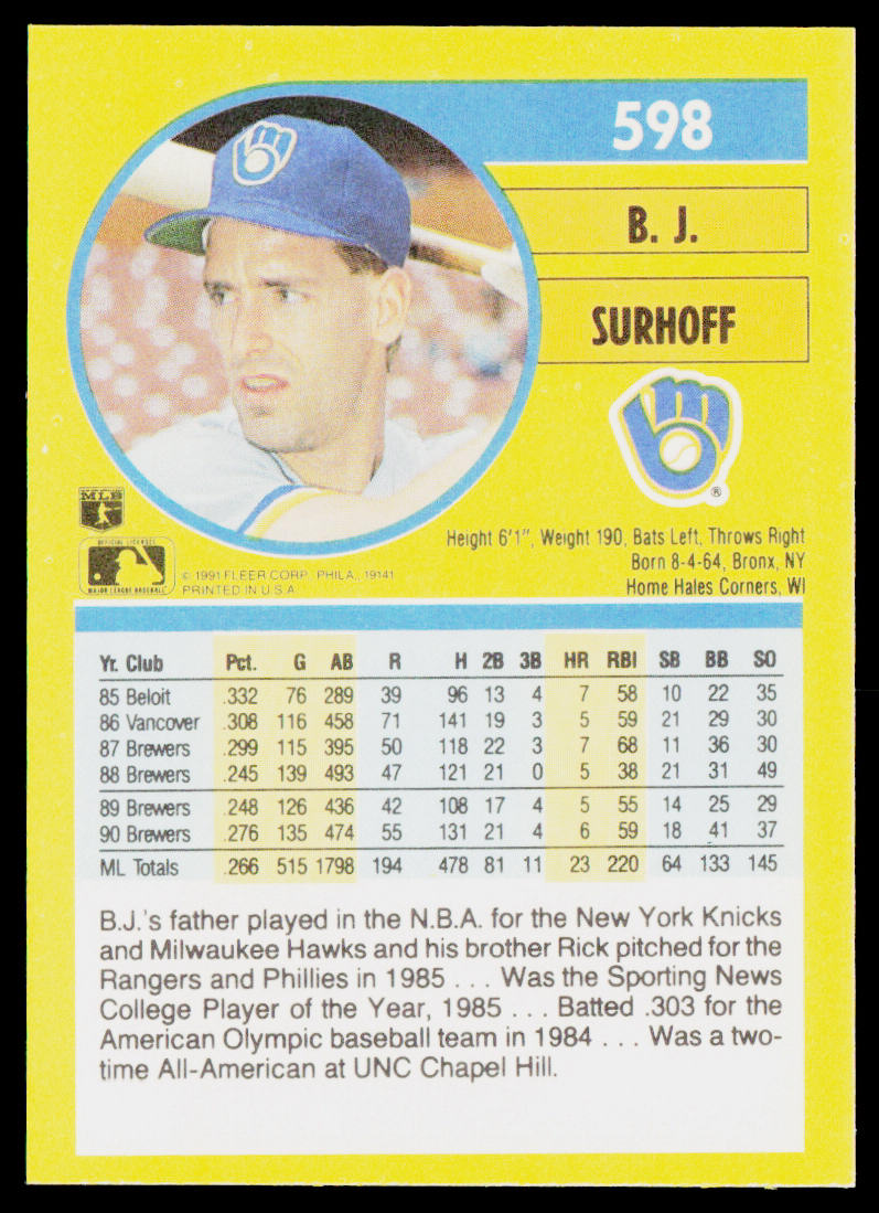 B.J. Surhoff 1991 Fleer #598 Milwaukee Brewers