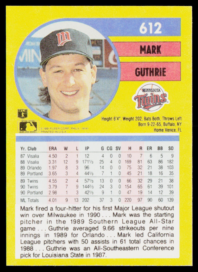Mark Guthrie 1991 Fleer #612 Minnesota Twins