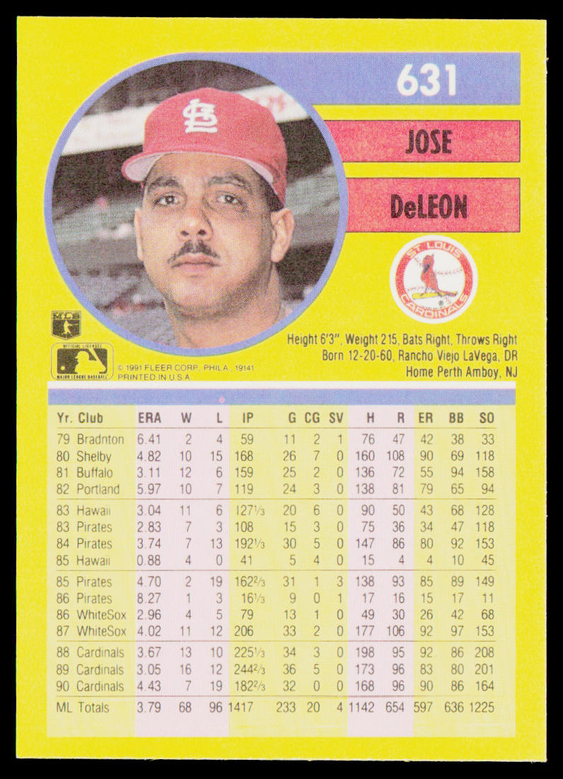 Jose DeLeon 1991 Fleer #631b St. Louis Cardinals