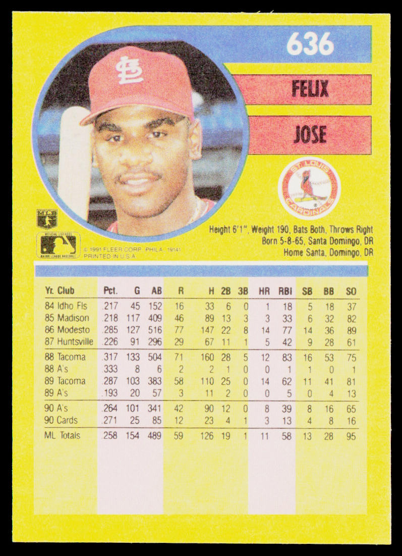 Felix Jose 1991 Fleer #636b St. Louis Cardinals