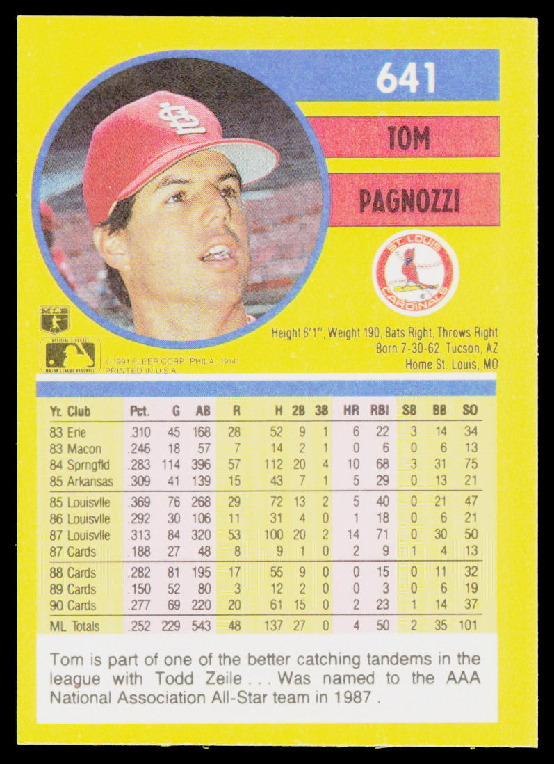 Tom Pagnozzi 1991 Fleer #641b St. Louis Cardinals