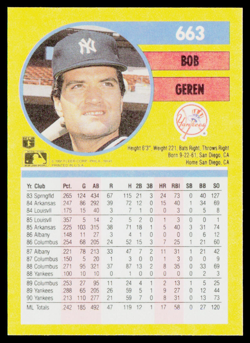 Bob Geren 1991 Fleer #663 New York Yankees