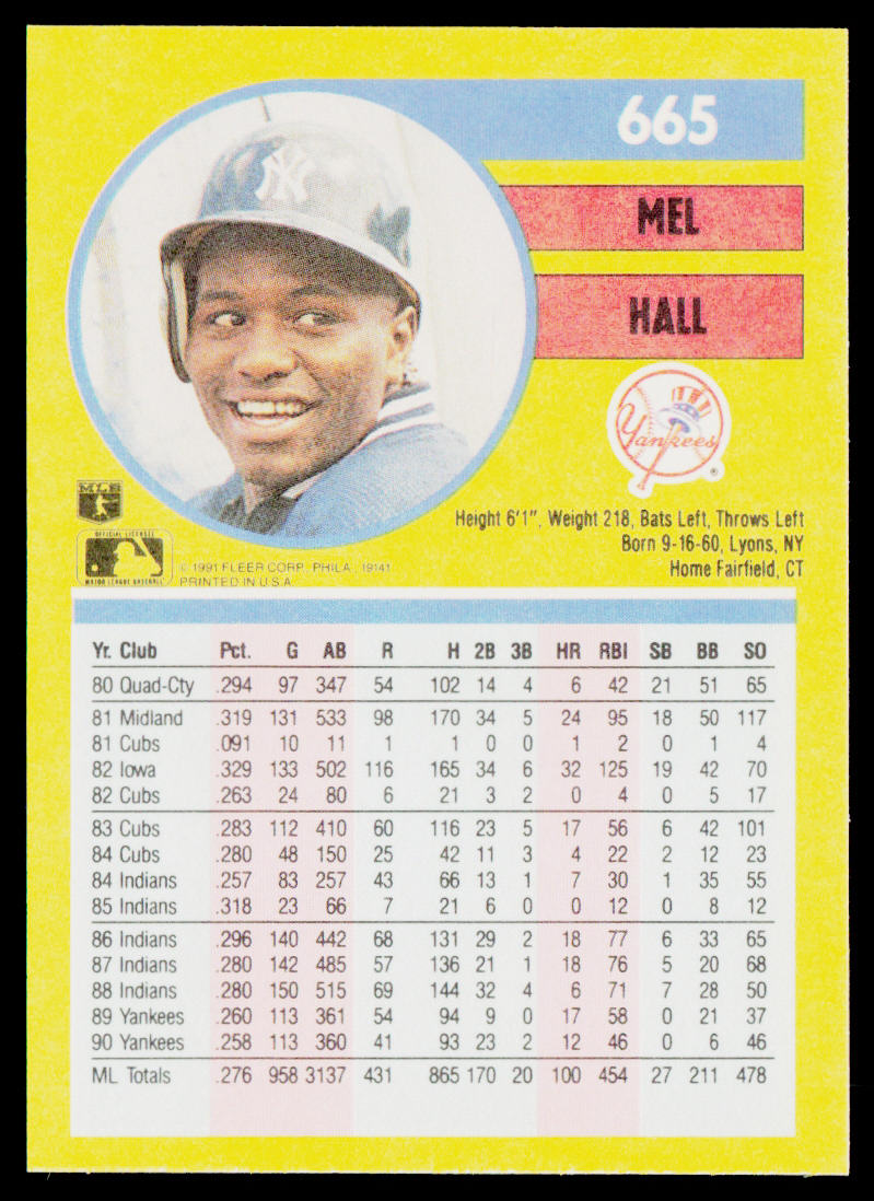 Mel Hall 1991 Fleer #665 New York Yankees