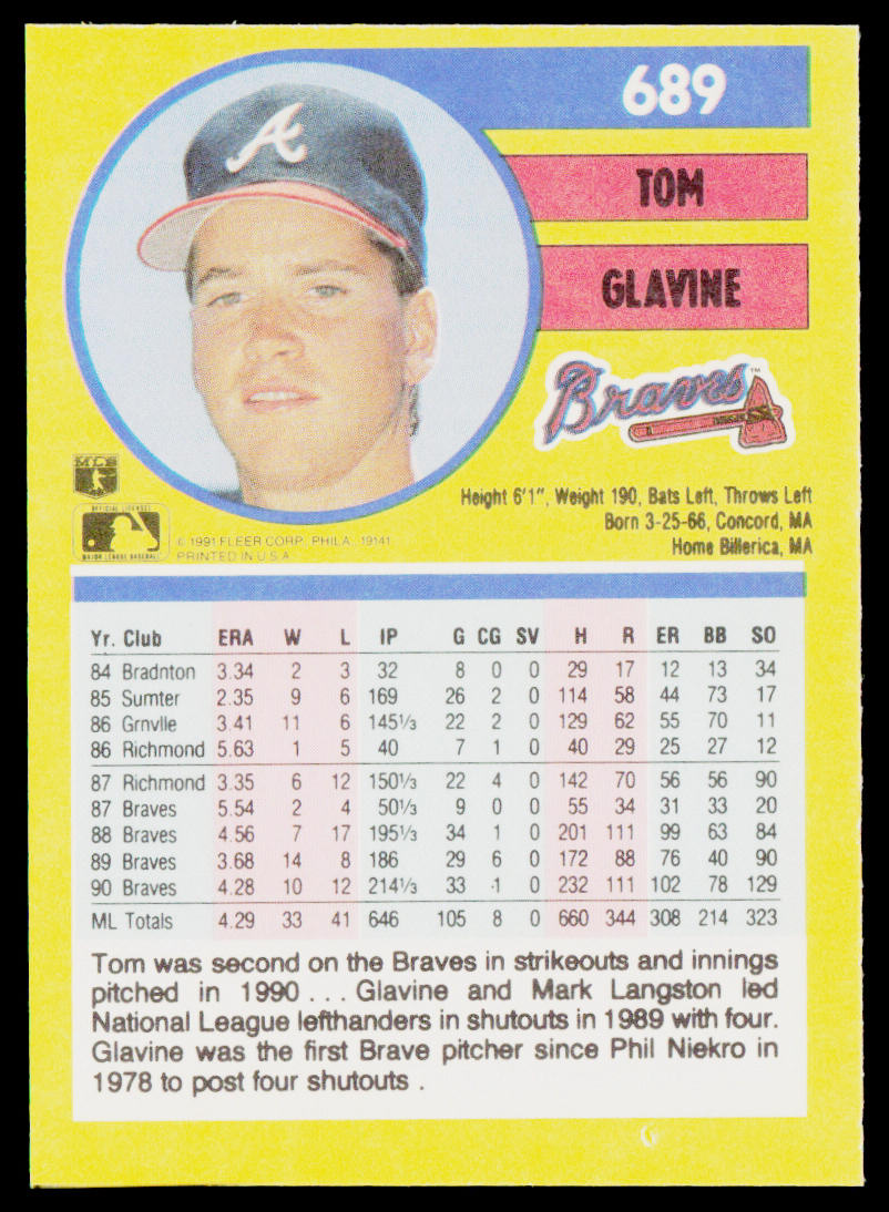 Tom Glavine 1991 Fleer #689b Atlanta Braves