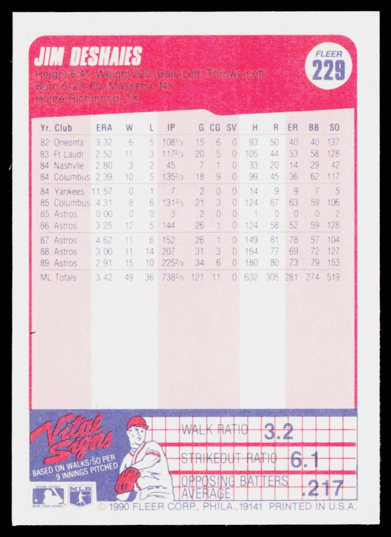 Jim Deshaies 1990 Fleer #229b Houston Astros