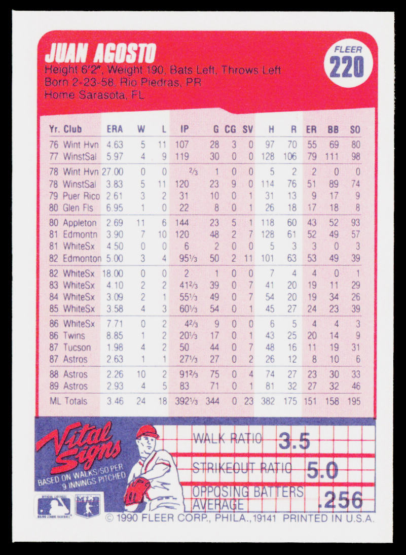 Juan Agosto 1990 Fleer #220 Houston Astros