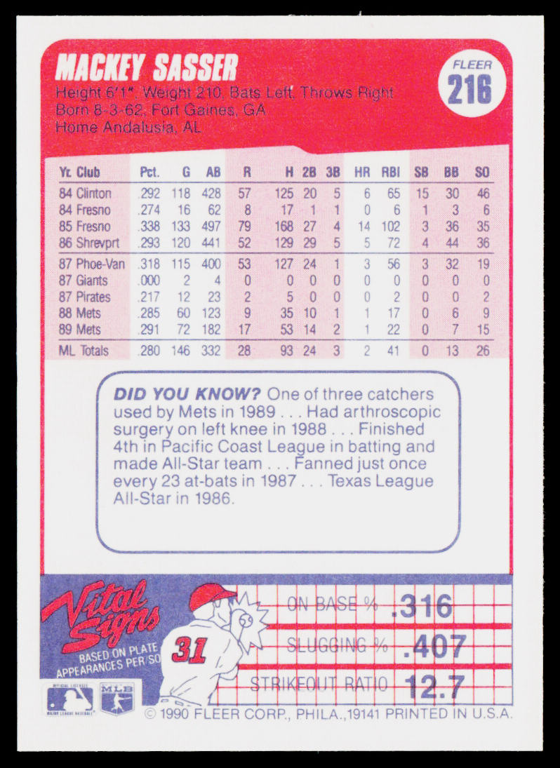 Mackey Sasser 1990 Fleer #216b New York Mets