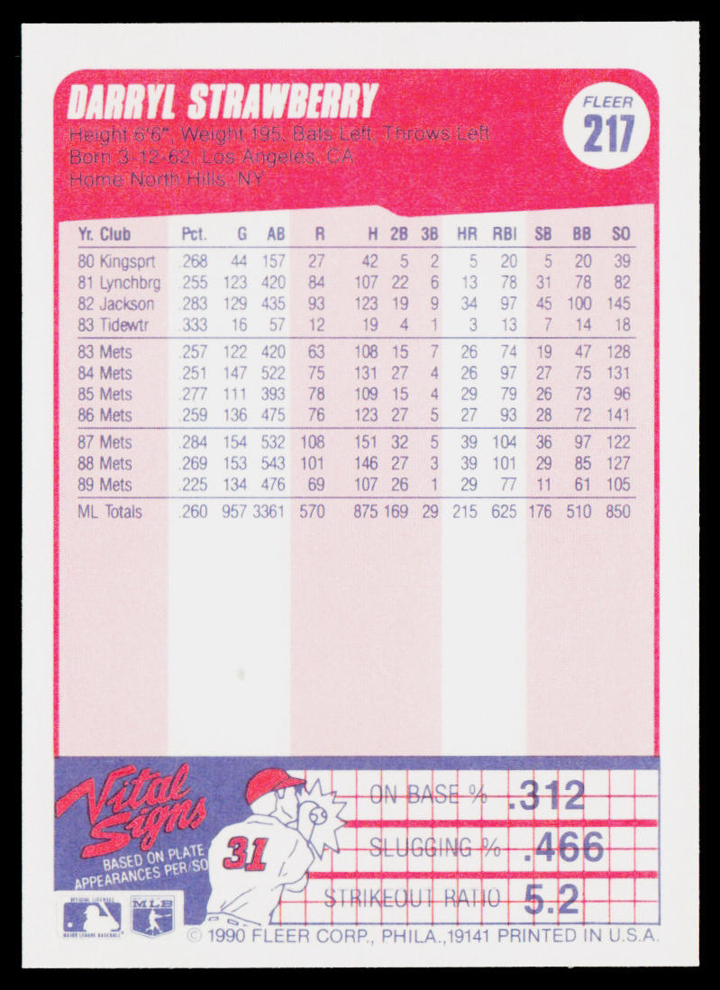 Darryl Strawberry 1990 Fleer #217b New York Mets