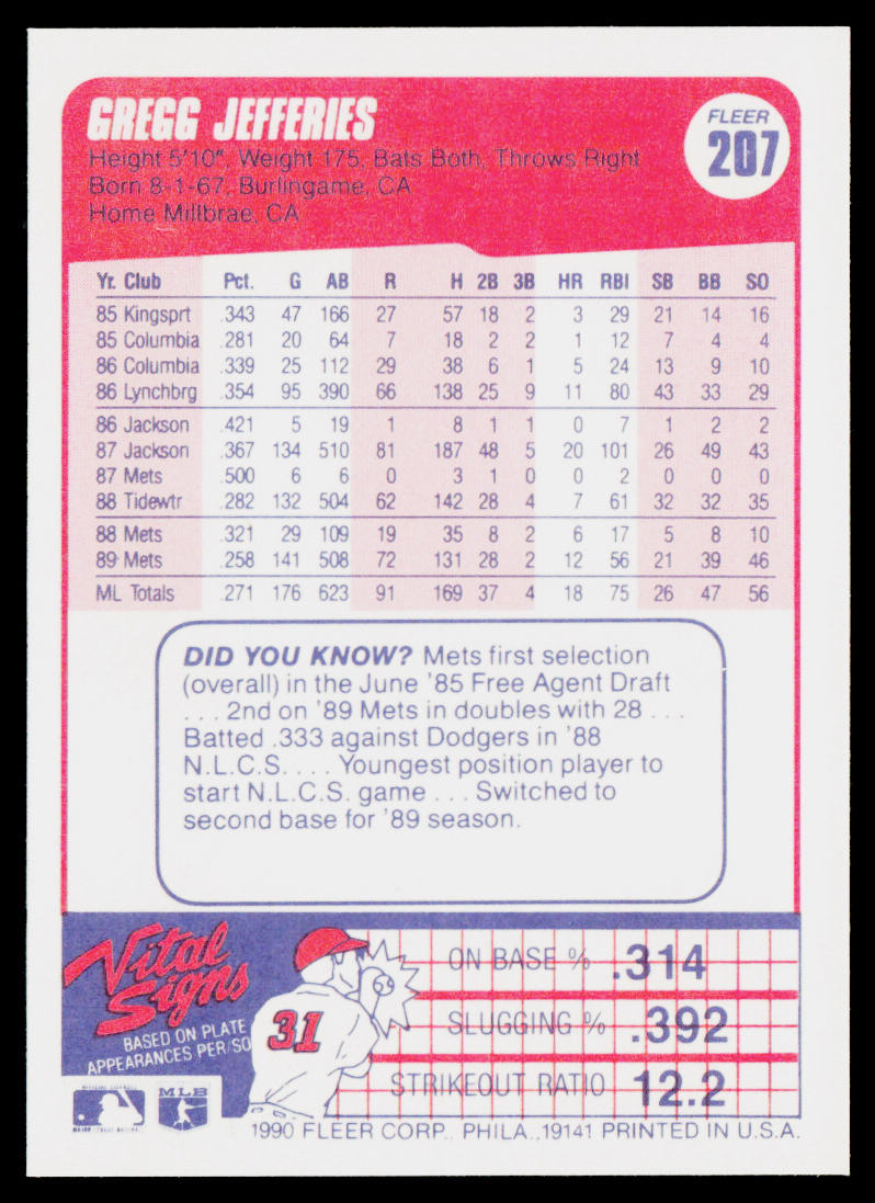 Gregg Jefferies 1990 Fleer #207 New York Mets