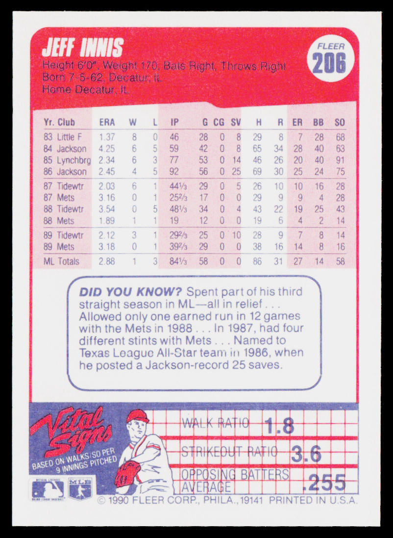 Jeff Innis 1990 Fleer #206 RC New York Mets