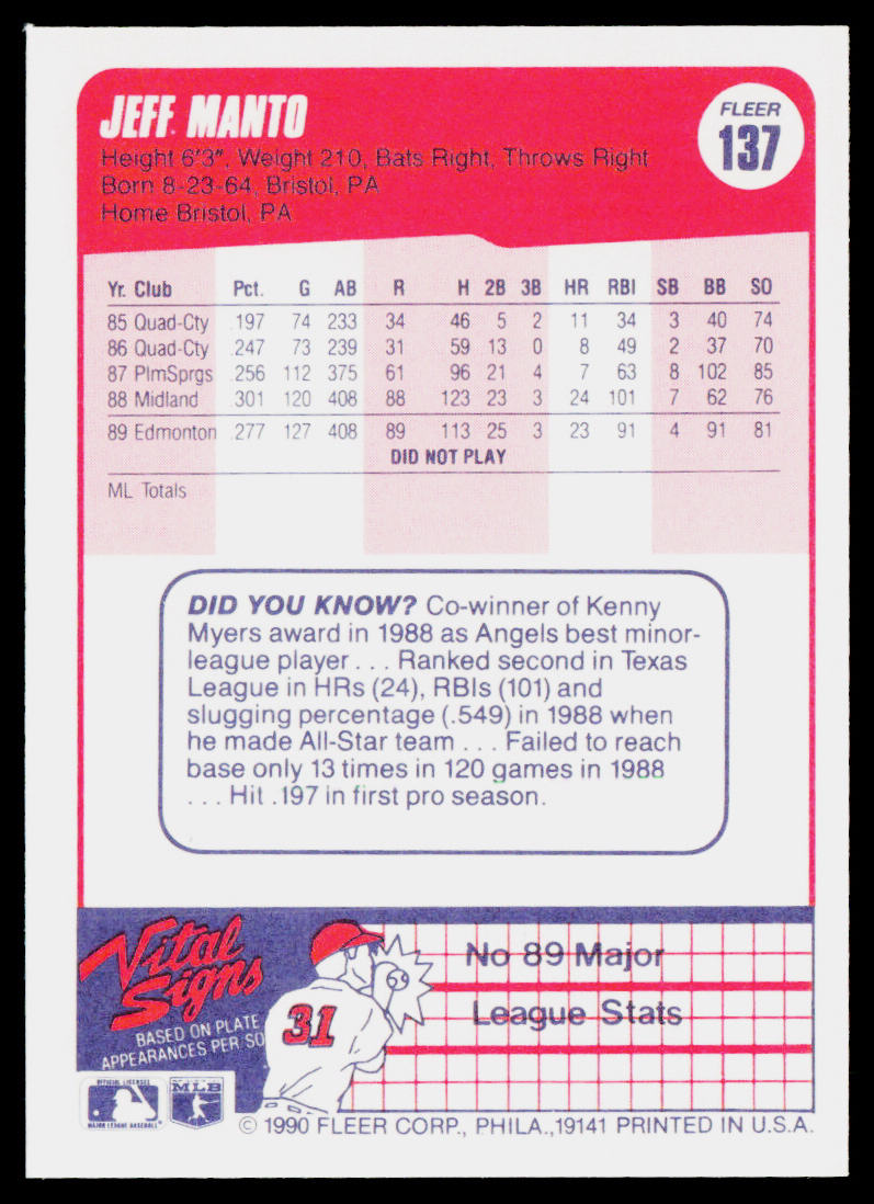 Jeff Manto 1990 Fleer #137 RC California Angels