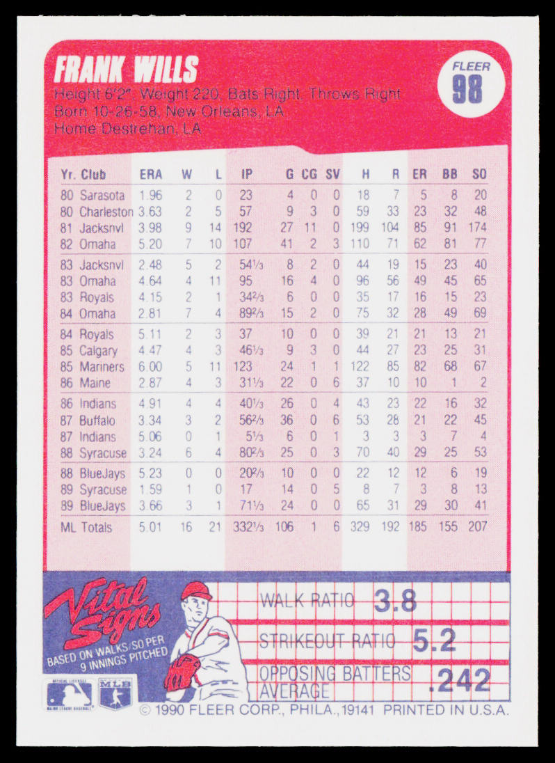 Frank Wills 1990 Fleer #98b Toronto Blue Jays