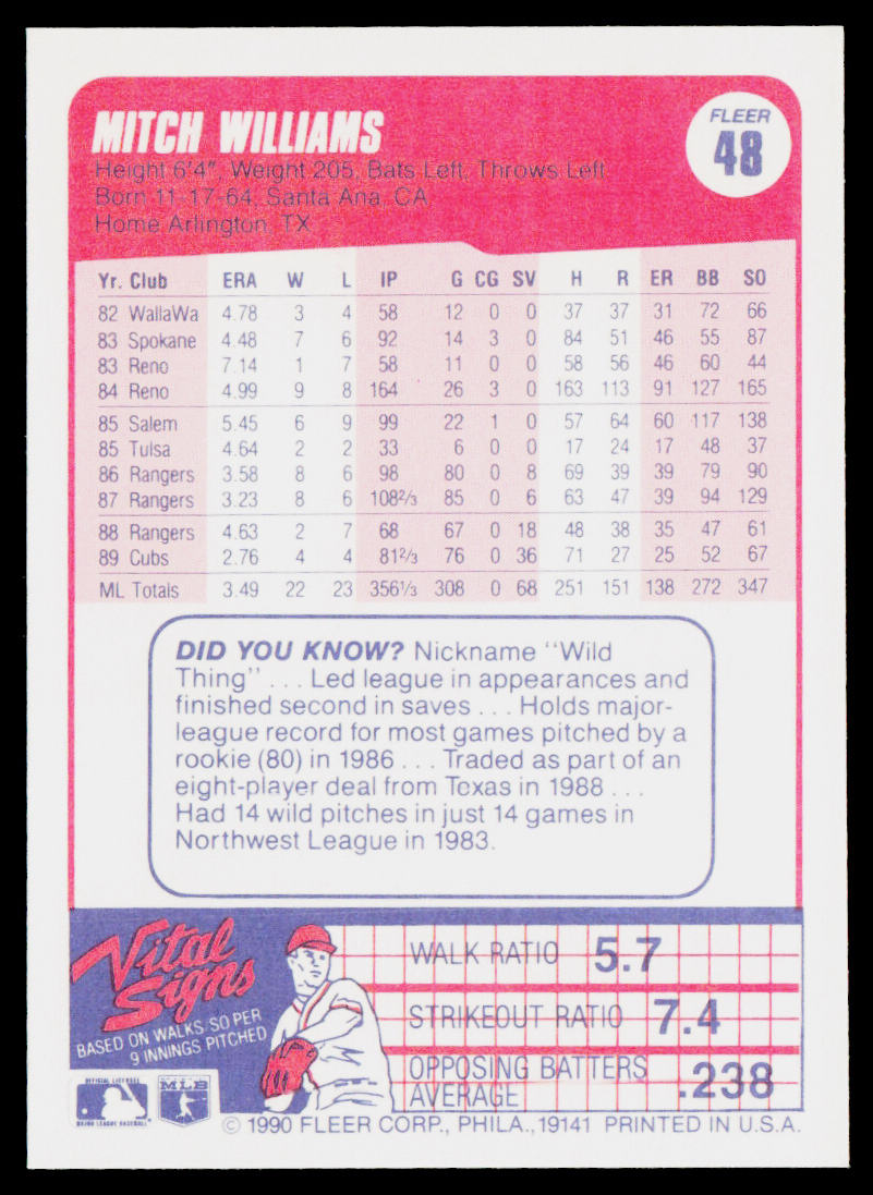 Mitch Williams 1990 Fleer #48 Chicago Cubs