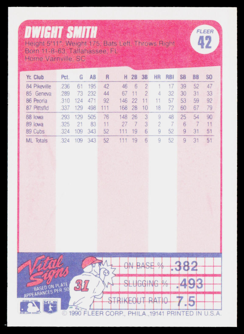 Dwight Smith 1990 Fleer #42b Chicago Cubs