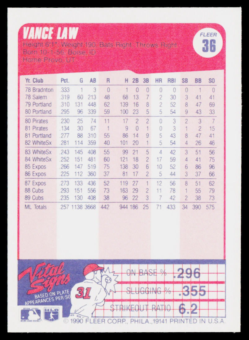 Vance Law 1990 Fleer #36b Chicago Cubs