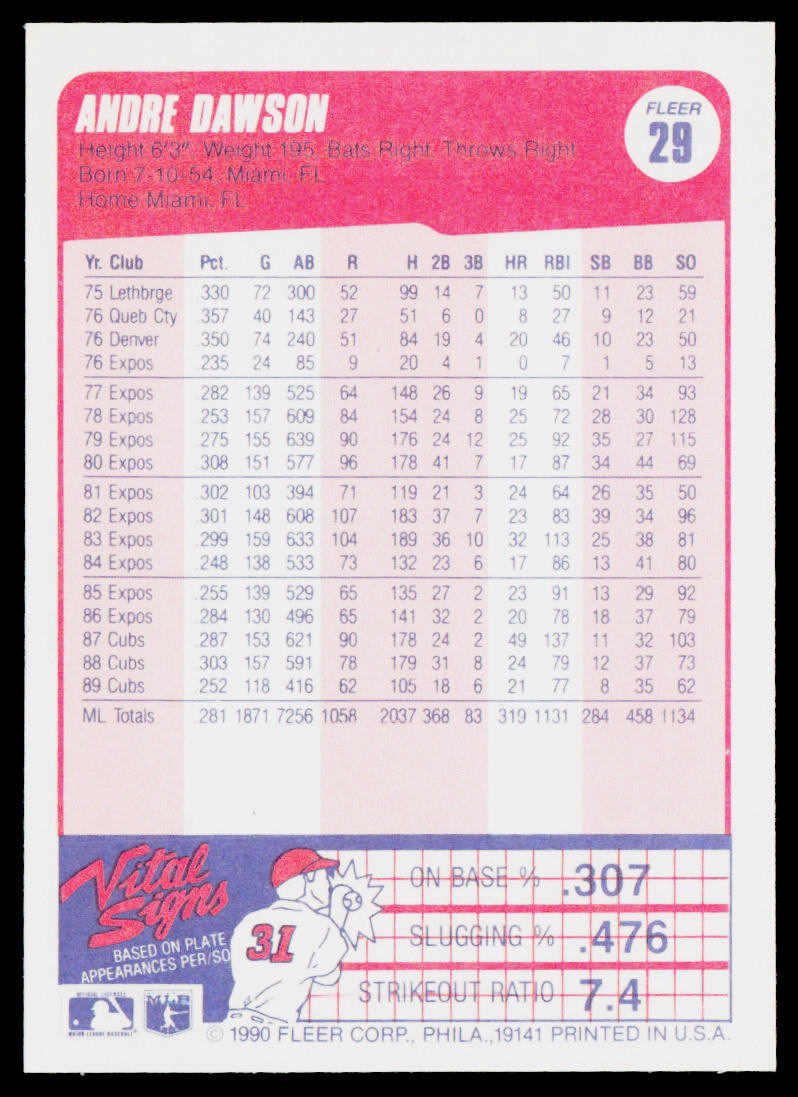 Andre Dawson 1990 Fleer #29b Chicago Cubs
