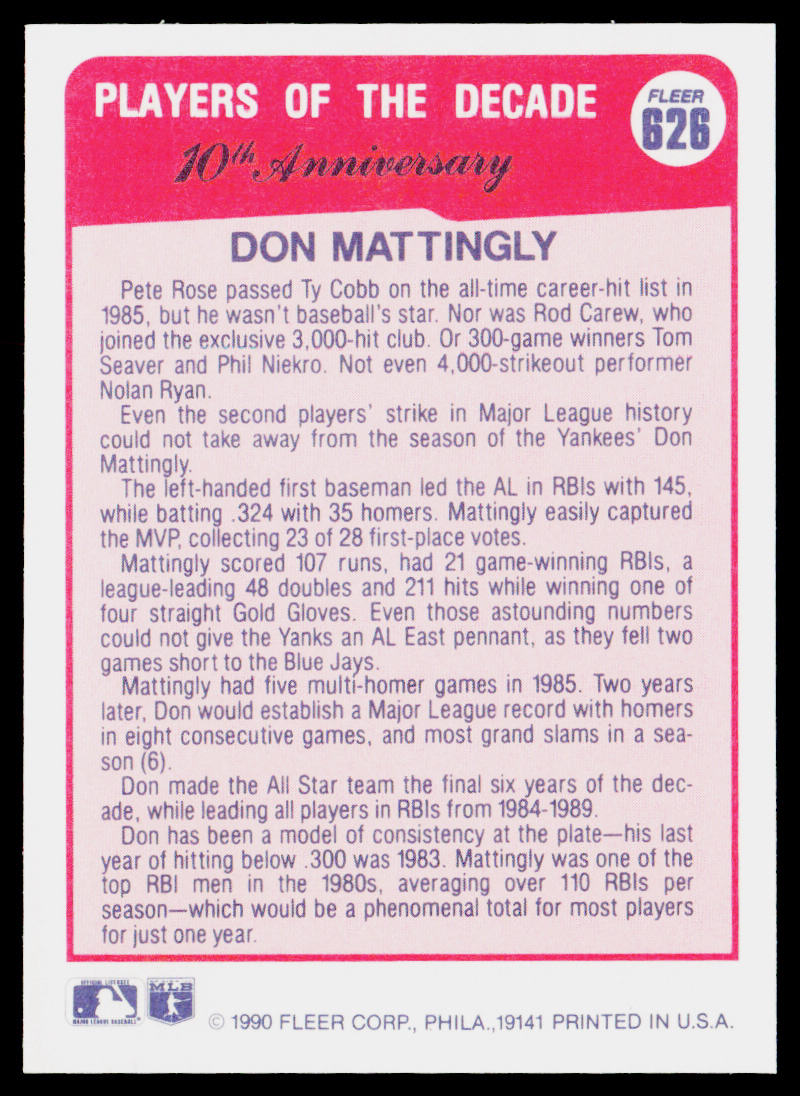 Don Mattingly 1990 Fleer #626 New York Yankees