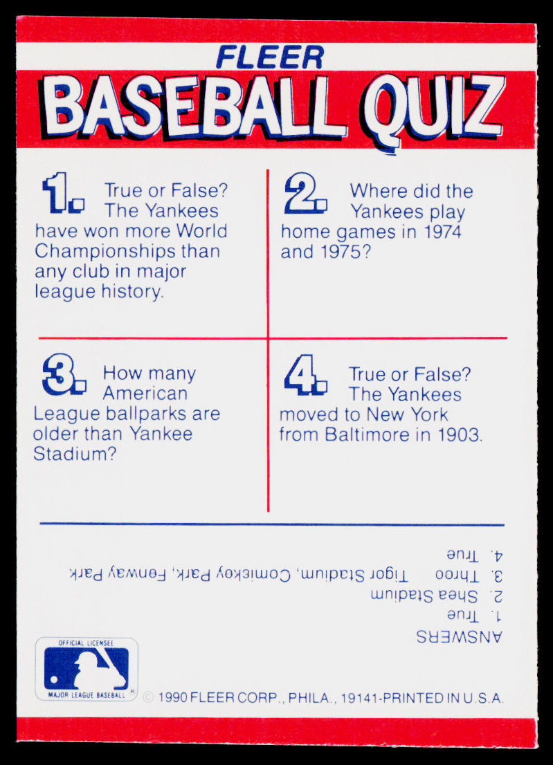 New York Yankees 1990 Fleer Action Series Team Stickers #NNO New York Yankees