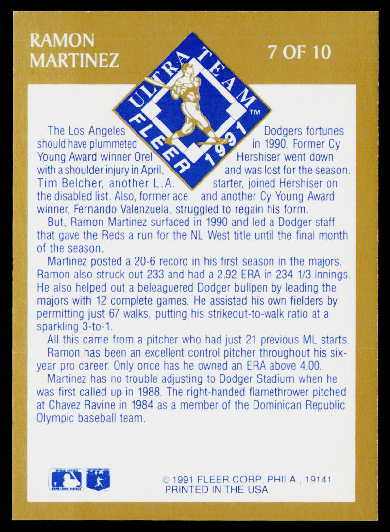 Ramon Martinez 1991 Ultra Ultra Team (Ultra Gold) #7 Los Angeles Dodgers