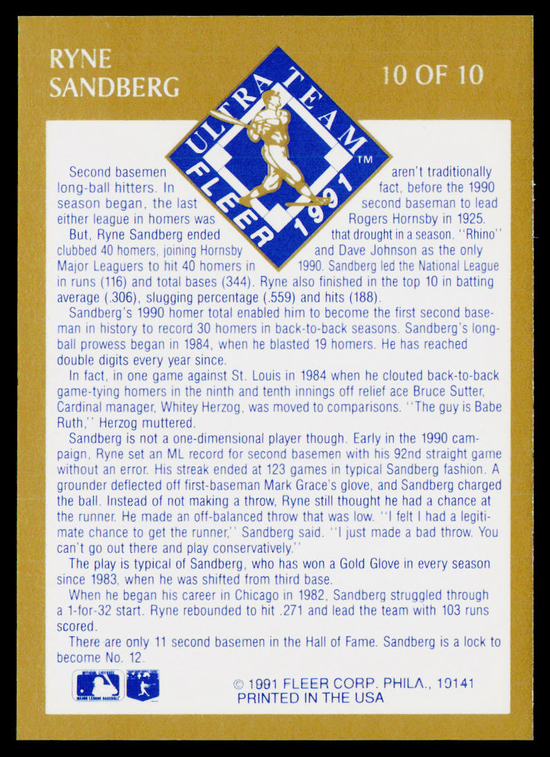 Ryne Sandberg 1991 Ultra Ultra Team (Ultra Gold) #10 Chicago Cubs