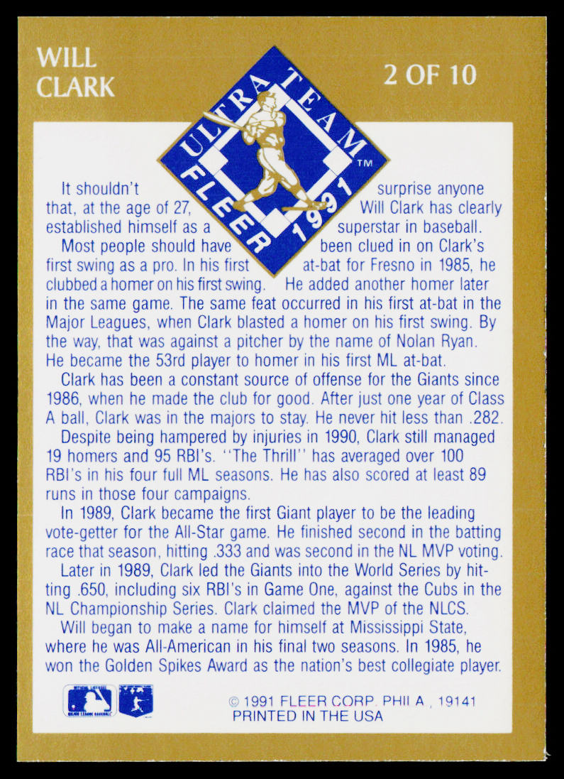 Will Clark 1991 Ultra Ultra Team (Ultra Gold) #2 San Francisco Giants