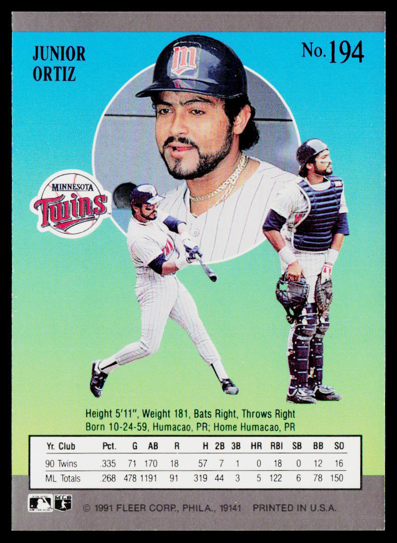 Junior Ortiz 1991 Ultra #194 Minnesota Twins