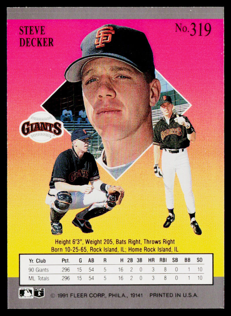 Steve Decker 1991 Ultra #319 RC San Francisco Giants