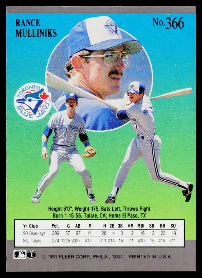 Rance Mulliniks 1991 Ultra #366 Toronto Blue Jays