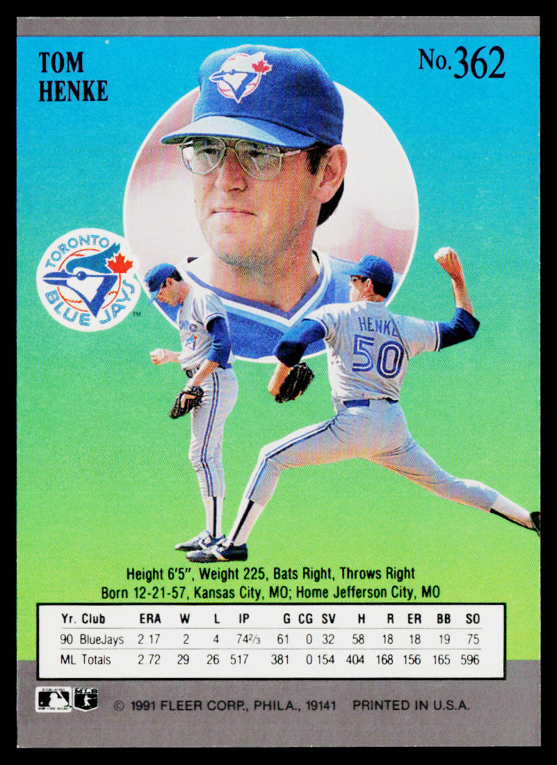 Tom Henke 1991 Ultra #362 Toronto Blue Jays