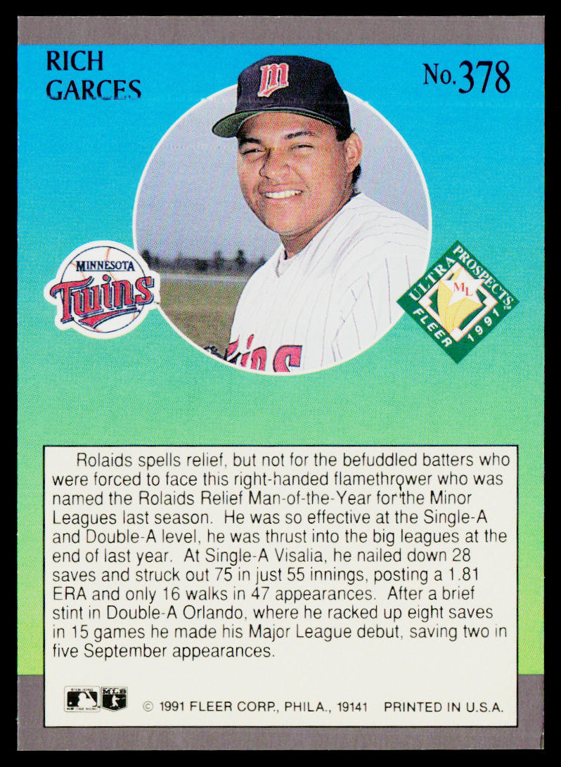 Rich Garces 1991 Ultra #378 RC Minnesota Twins