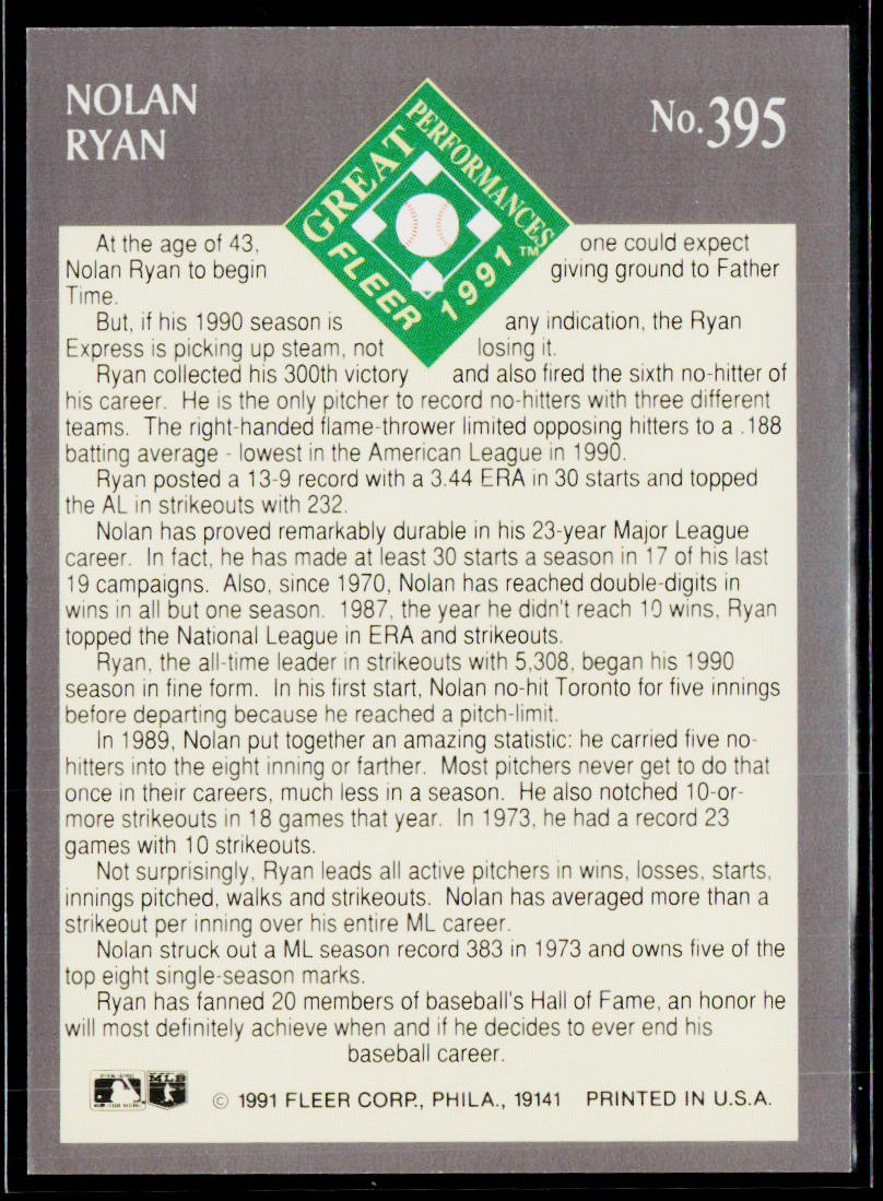 Nolan Ryan 1991 Ultra #395 Texas Rangers