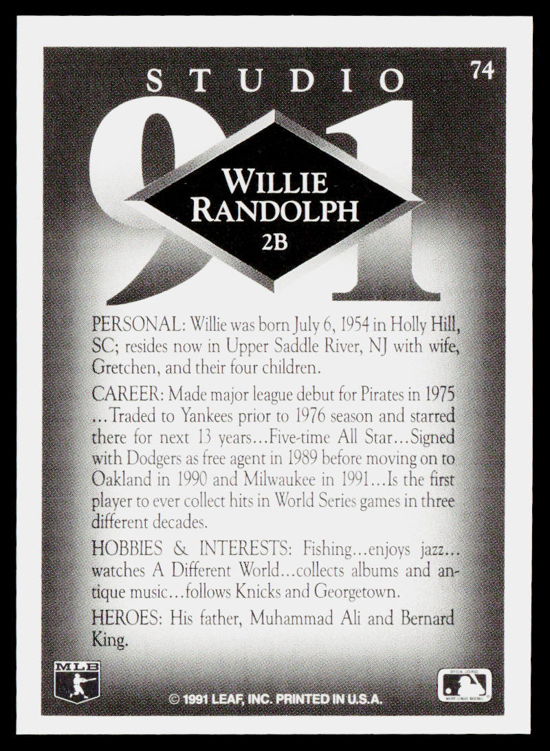 Willie Randolph 1991 Studio #74 Milwaukee Brewers