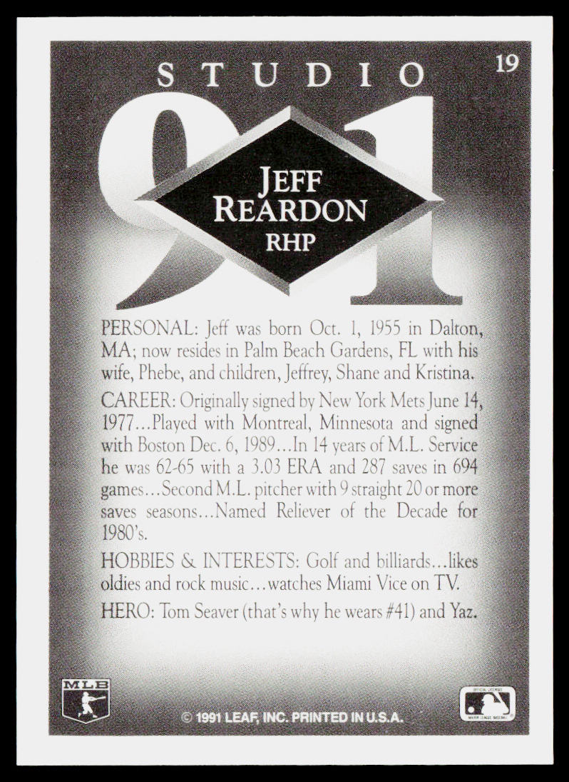 Jeff Reardon 1991 Studio #19 Boston Red Sox