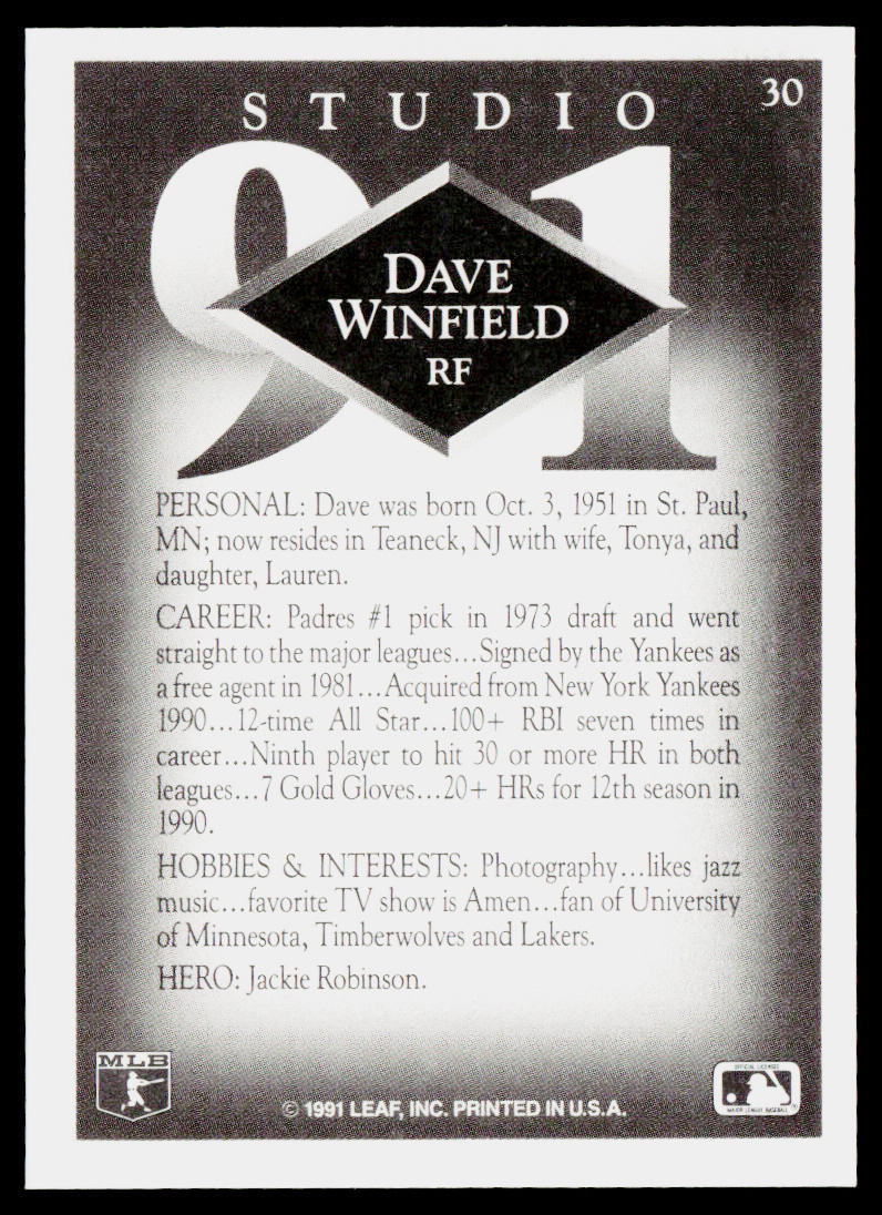 Dave Winfield 1991 Studio #30 California Angels