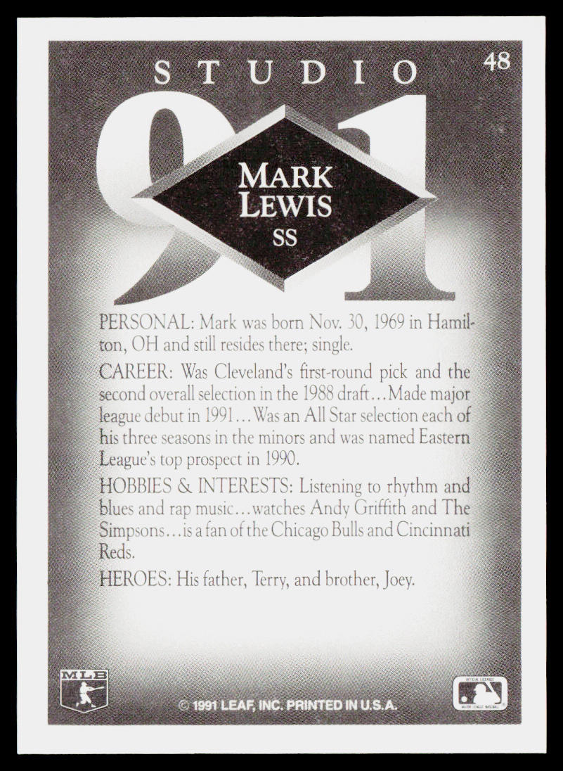 Mark Lewis 1991 Studio #48 Cleveland Indians