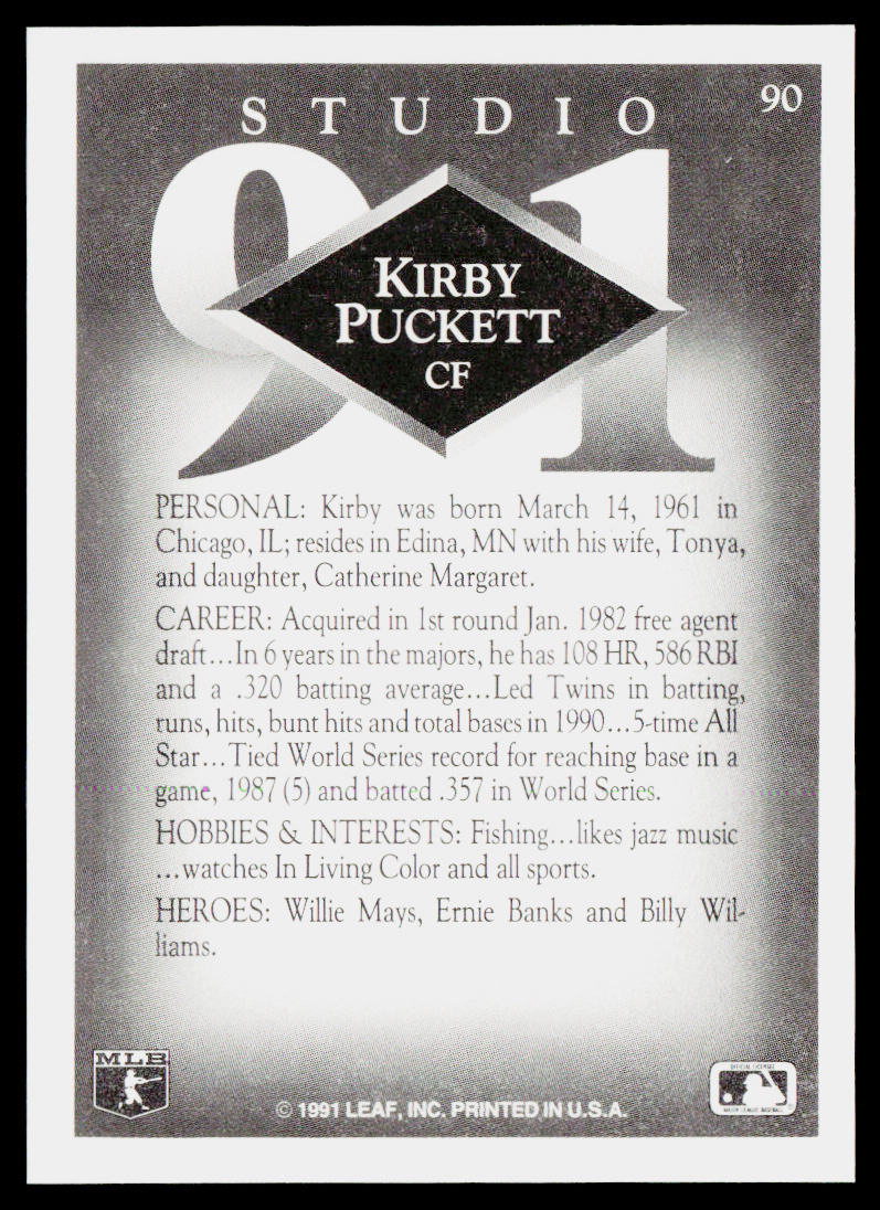 Kirby Puckett 1991 Studio #90 Minnesota Twins