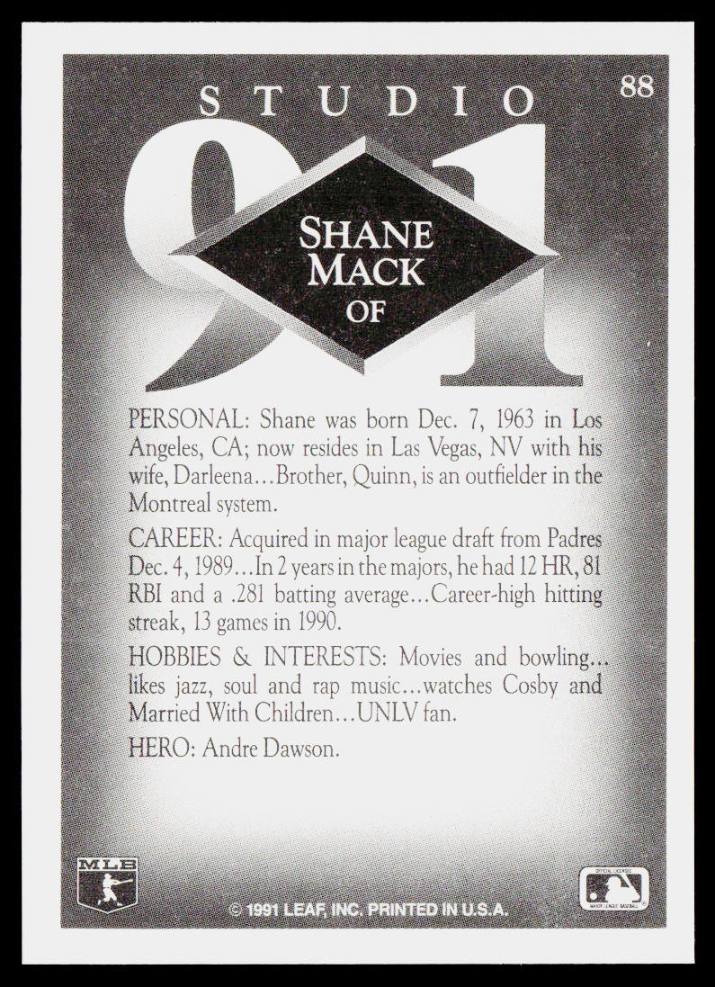 Shane Mack 1991 Studio #88 Minnesota Twins