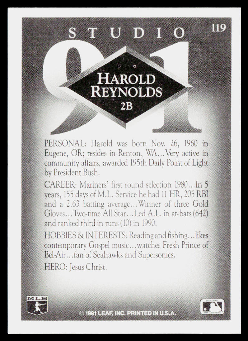 Harold Reynolds 1991 Studio #119 Seattle Mariners