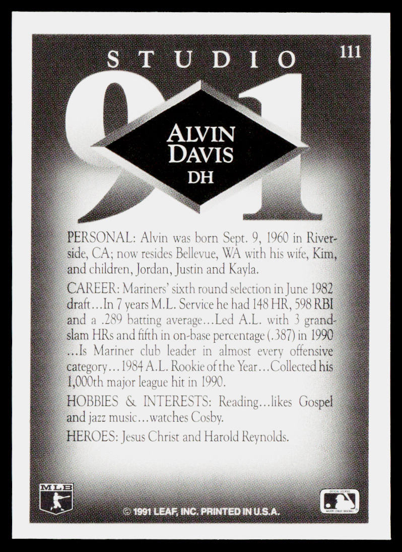 Alvin Davis 1991 Studio #111 Seattle Mariners