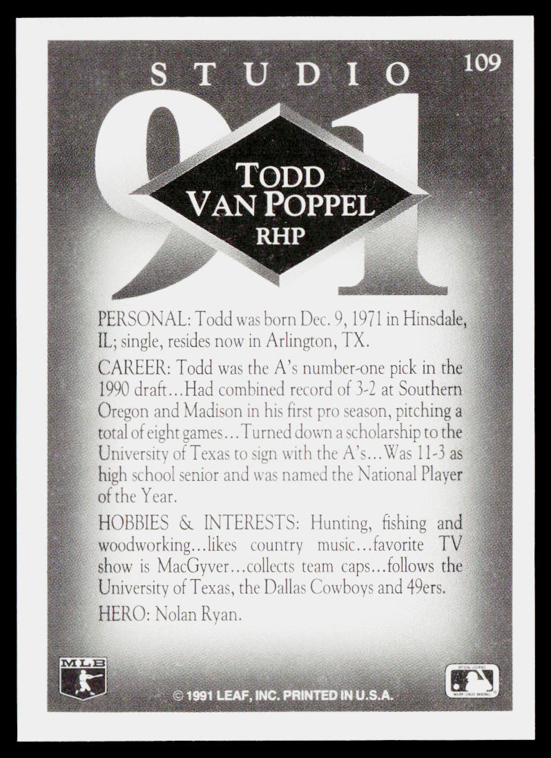 Todd Van Poppel 1991 Studio #109 RC Oakland Athletics