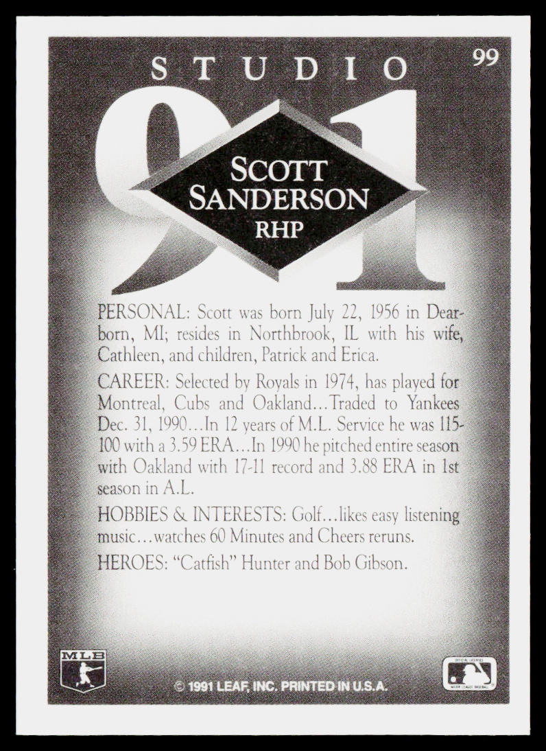 Scott Sanderson 1991 Studio #99 New York Yankees