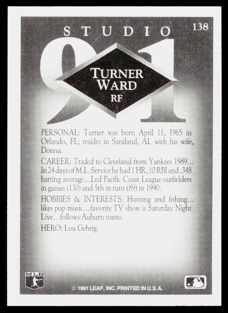Turner Ward 1991 Studio #138 RC Toronto Blue Jays